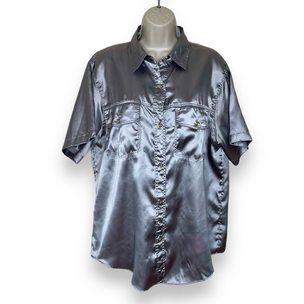 Vintage Diana Marco Satin Silver Metallic Short Sleeve Shirt Women 16 FLAWED